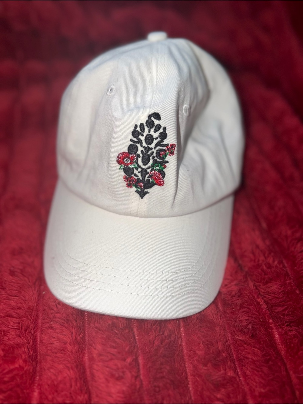 Free People White Baseball Cap with Black and Red Floral Embroidery